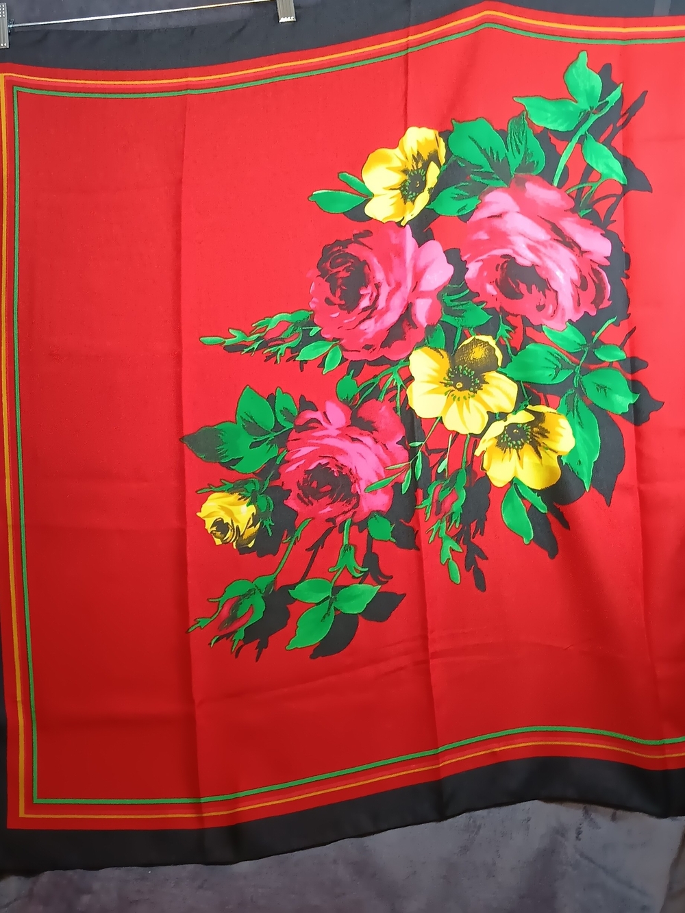Red Floral Square Scarf with Pink and Yellow Bouquet - 32 X 32